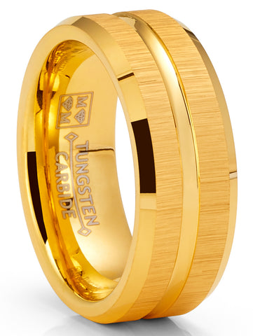Tungsten Carbide Ring Brushed Goove Wedding Band Goldtone 8MM