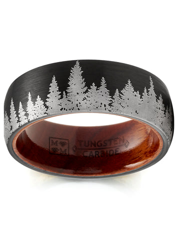 Pine tree Tungsten Carbide Ring Whiskey Barrel Oakwood Wedding Band Black 8MM