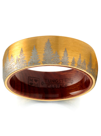 Pine tree Tungsten Carbide Ring Whiskey Barrel Oakwood Wedding Band Goldtone 8MM