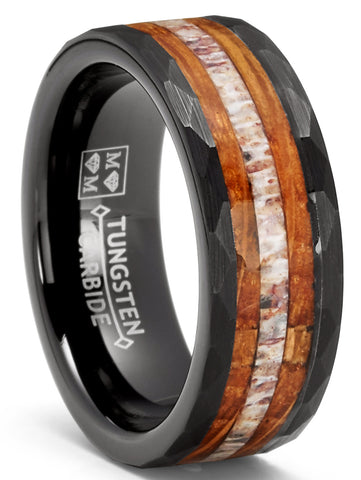 Deer Antler Whiskey Barrel Tungsten Carbide Ring Hammered Wedding Band 8MM