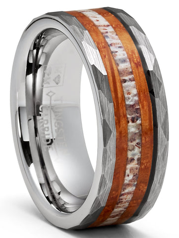 Deer Antler Whiskey Barrel Tungsten Carbide Ring Hammered Wedding Band 8MM