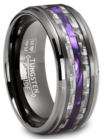 Mens Carbon Fiber Tungsten Carbide Ring Purple Wood Wedding Band Gunmetal 8MM