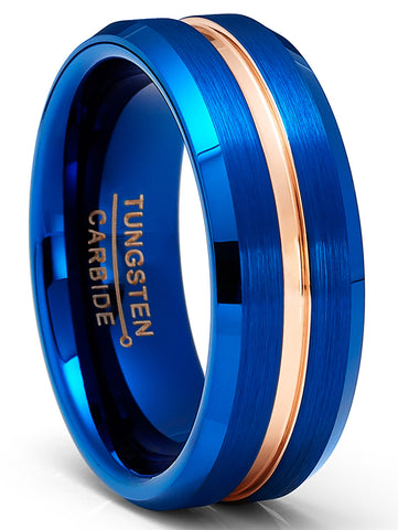 Mens Tungsten Carbide Ring Wedding Band Grooved Ring Blue Rosegold-tone 8MM Comfort-Fit