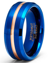 Mens Tungsten Carbide Ring Wedding Band Grooved Ring Blue Rosegold-tone 8MM Comfort-Fit