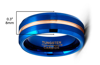 Mens Tungsten Carbide Ring Wedding Band Grooved Ring Blue Rosegold-tone 8MM Comfort-Fit