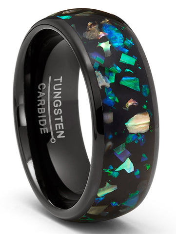 Crushed Opal Abalone Tungsten Carbide Ring Dome Wedding Band Simulated Black 8MM
