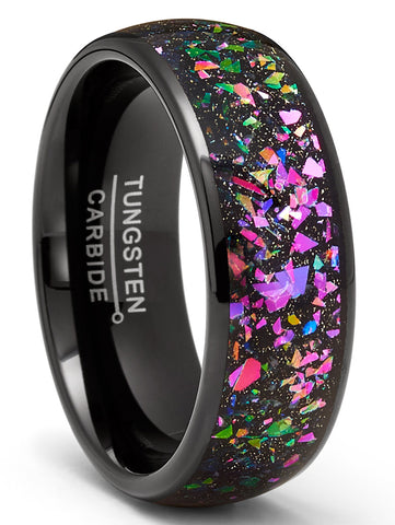 Tungsten Ring Multi-color Crushed Opal Abalone Dome Wedding Band Simulated Black 8MM