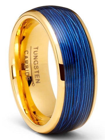 Blue Cable Tungsten Carbide Ring Goldtone Wedding Band Comfort-Fit 8MM