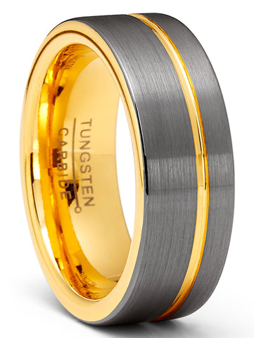 Tungsten Carbide Ring Gunmetal Wedding Band Goldtone Grooved Ring 8MM Comfort-Fit