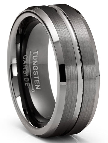 Mens Tungsten Carbide Ring Gunmetal Wedding Band Grooved Ring 8MM Comfort-Fit