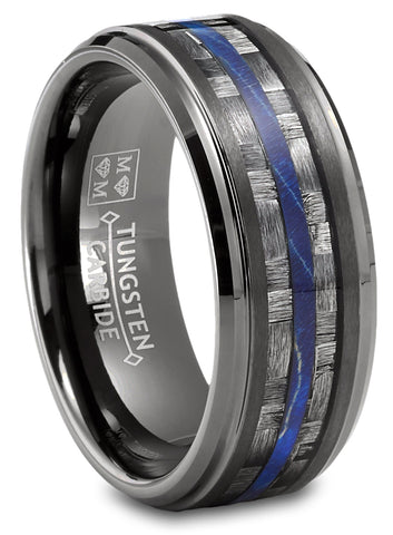 Carbon Fiber Tungsten Carbide Ring Blue Wood Wedding Band Gunmetal 8MM