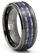 Carbon Fiber Tungsten Carbide Ring Blue Wood Wedding Band Gunmetal 8MM