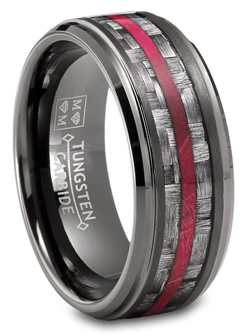 Carbon Fiber Tungsten Carbide Ring Red Wood Wedding Band Gunmetal 8MM