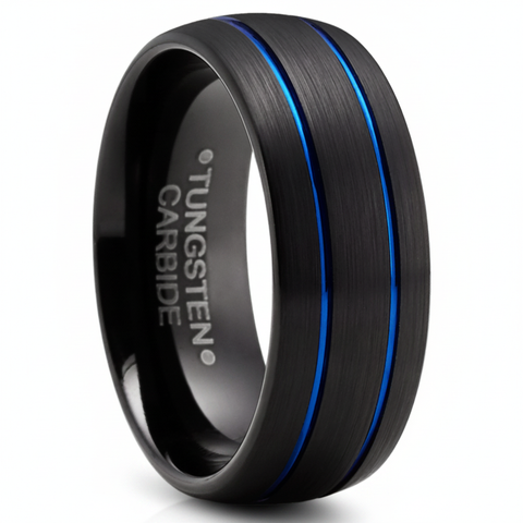 Men's Tungsten Dome Brushed Wedding Band Engagement Ring Black Blue 8MM Comfort-Fit