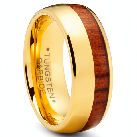 Men's Tungsten Wedding Band Engagement Ring Koa Wood Goldtone 8MM Comfort-Fit