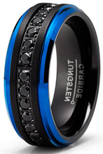 Men Tungsten Two-Tone Wedding Band Black Blue Eternity Ring CZ Comfort-Fit 8MM