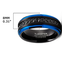 Men Tungsten Two-Tone Wedding Band Black Blue Eternity Ring CZ Comfort-Fit 8MM