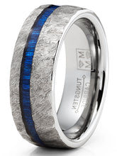 Mens Tungsten Carbide Ring Blue Wood Hammered Wedding Band 8MM Comfort-Fit Silver