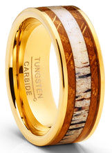 Tungsten Carbide Mens Wedding Band Whiskey Barrel Deer Antler Inlay Engagement Ring Goldtone