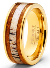 Tungsten Carbide Mens Wedding Band Whiskey Barrel Deer Antler Inlay Engagement Ring Goldtone