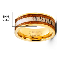 Tungsten Carbide Mens Wedding Band Whiskey Barrel Deer Antler Inlay Engagement Ring Goldtone