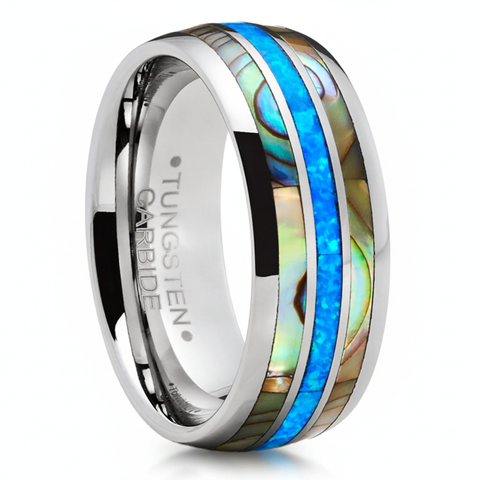 Tungsten Carbide Mens Wedding Band Blue Opal Mother of Pearl Engagement Ring Silvertone