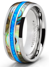 Tungsten Carbide Mens Wedding Band Blue Opal Mother of Pearl Engagement Ring Silvertone