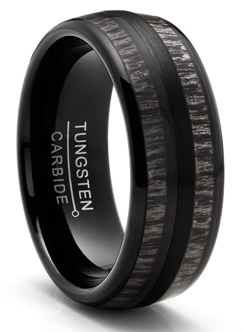 Men's Tungsten Carbide Ring Dome Real Black Wood Inlay Wedding Band 8MM