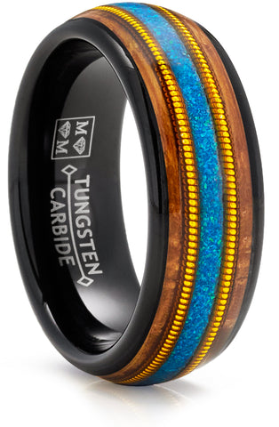 Tungsten Carbide Mens Ring Wedding Band Whiskey Barrel Crushed Opal Gold Guitar String Inlaid 8MM Comfort-Fit Black