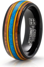 Tungsten Carbide Mens Ring Wedding Band Whiskey Barrel Crushed Opal Gold Guitar String Inlaid 8MM Comfort-Fit Black