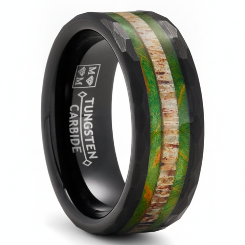 Men's Black Tungsten Ring Wedding Band Black Mossy Wood Antler Hunting Ring 8MM Comfort-Fit