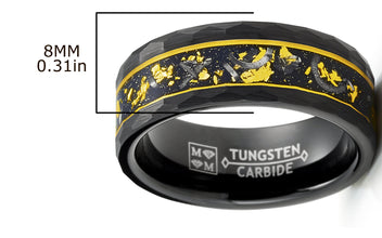 Tungsten Carbide Mens Ring Wedding Band Gold Flakes Meteorite Shavings Hammered 8MM Comfort-Fit Black