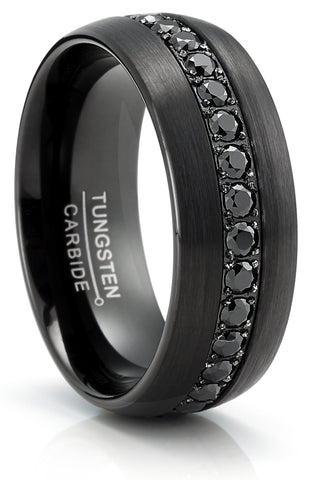 Tungsten Carbide Mens Ring Wedding Band Black Round 1.7Ct SImulated DIamond CZ Cubic Zirconia 8MM Comfort-Fit Black