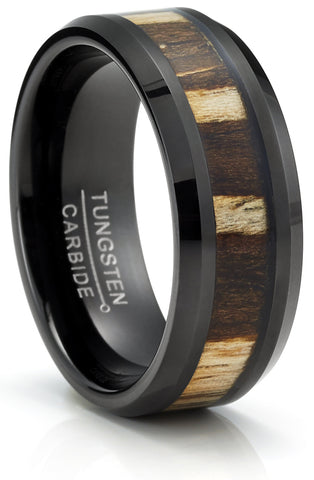 Tungsten Carbide Mens Ring Wedding Band Zebra Wood Inlay 8MM Comfort-Fit Black