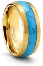 Tungsten Carbide Mens Ring Wedding Band Goldtone Real Blue Turquoise Inlay Dome 8MM Comfort-Fit Black