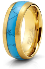 Tungsten Carbide Mens Ring Wedding Band Goldtone Real Blue Turquoise Inlay Dome 8MM Comfort-Fit Black