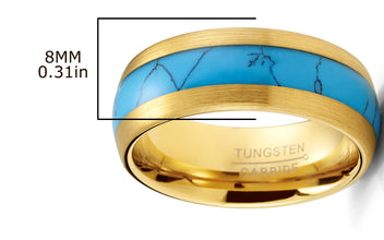 Tungsten Carbide Mens Ring Wedding Band Goldtone Real Blue Turquoise Inlay Dome 8MM Comfort-Fit Black