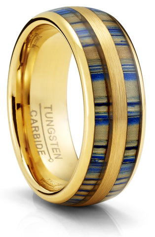 Tungsten Carbide Mens Ring Wedding Band Goldtone Blue Zebra Bamboo Wood Inlay 8MM Comfort-Fit Black