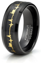 Tungsten Carbide Mens Ring Wedding Band Black Gold-Tone Heart Beat Carbon Fiber Inlay 8MM Comfort-Fit Black