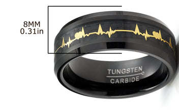 Tungsten Carbide Mens Ring Wedding Band Black Gold-Tone Heart Beat Carbon Fiber Inlay 8MM Comfort-Fit Black