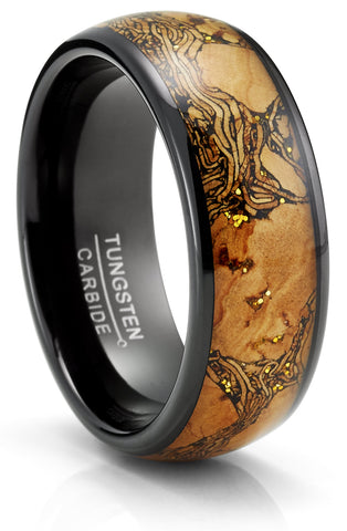 Tungsten Carbide Mens Ring Wedding Band Cork & Goldtone Glitter Black 8MM Comfort-Fit Black