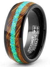 Mens Black Tungsten Engagement Ring Whiskey Barrel Green Opal Inlay Wedding Band 8MM