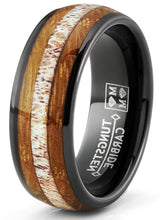 Mens Gunmetal Black Tungsten Engagement Ring Whiskey Barrel Wood Elk Antler Inlay Wedding Band 8MM