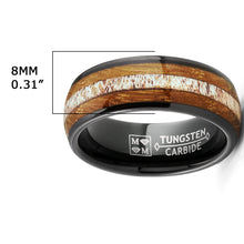 Mens Gunmetal Black Tungsten Engagement Ring Whiskey Barrel Wood Elk Antler Inlay Wedding Band 8MM