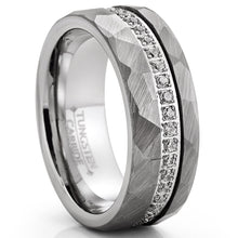 Mens Tungsten Carbide Hammered Wedding Band Eternity Engagement Ring Cubic Zirconia Comfort-Fit 8MM Silvertone