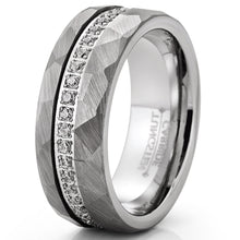 Mens Tungsten Carbide Hammered Wedding Band Eternity Engagement Ring Cubic Zirconia Comfort-Fit 8MM Silvertone