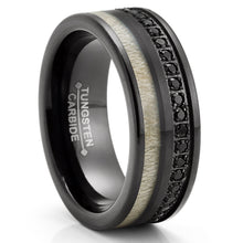 Mens Black Tungsten Carbide Wedding Band Eternity Ring Cubic Zirconia Wood Inlay Comfort-Fit 8MM