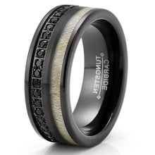 Mens Black Tungsten Carbide Wedding Band Eternity Ring Cubic Zirconia Wood Inlay Comfort-Fit 8MM