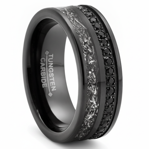 Mens Black Tungsten Carbide Wedding Band Eternity Ring Cubic Zirconia Meteorite Inlay Comfort-Fit 8MM