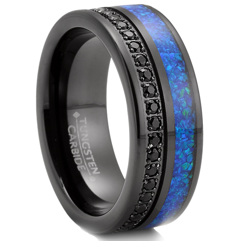 Mens Black Tungsten Carbide Wedding Band Crushed Opal Cubic Zirconia Eternity Ring Comfort-Fit 8MM